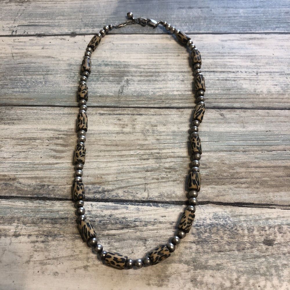 Sterling Silver 925 Vintage Beads Ball Brown Cylinder Necklace 18"‎ Animal Print